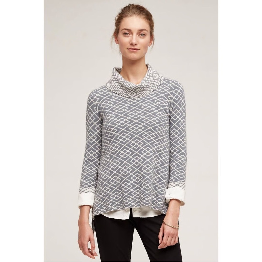 Anthropologie Moth Cowl Neck Sweater M | Gray Geometric Alpaca Blend Pullover - Picture 1 of 6